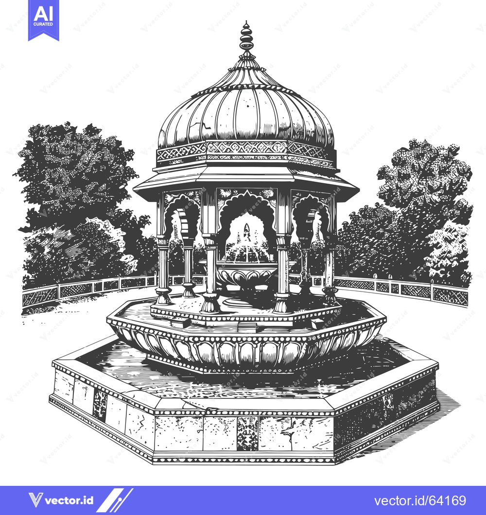 Premium Vector dari Ornate Stone Fountain with Dome-Shaped Roof in a Garden Setting