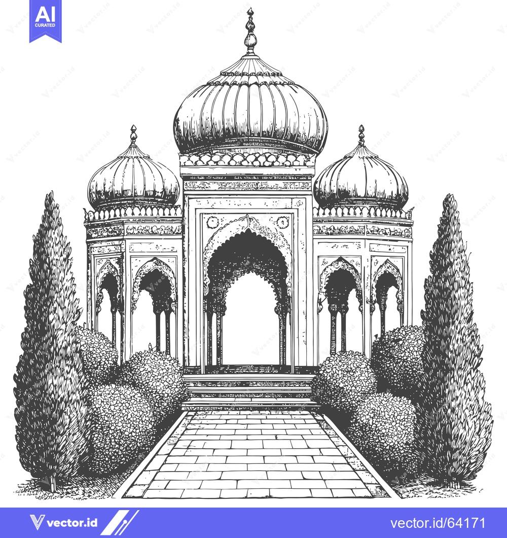 Premium Vector of Hand-Drawn Sketch of an Ornate Pavilion with Trees and a Stone Path