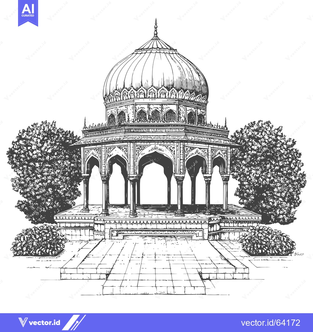 Premium Vector dari A Hand-Drawn Illustration of an Ornate Domed Pavilion with Columns and