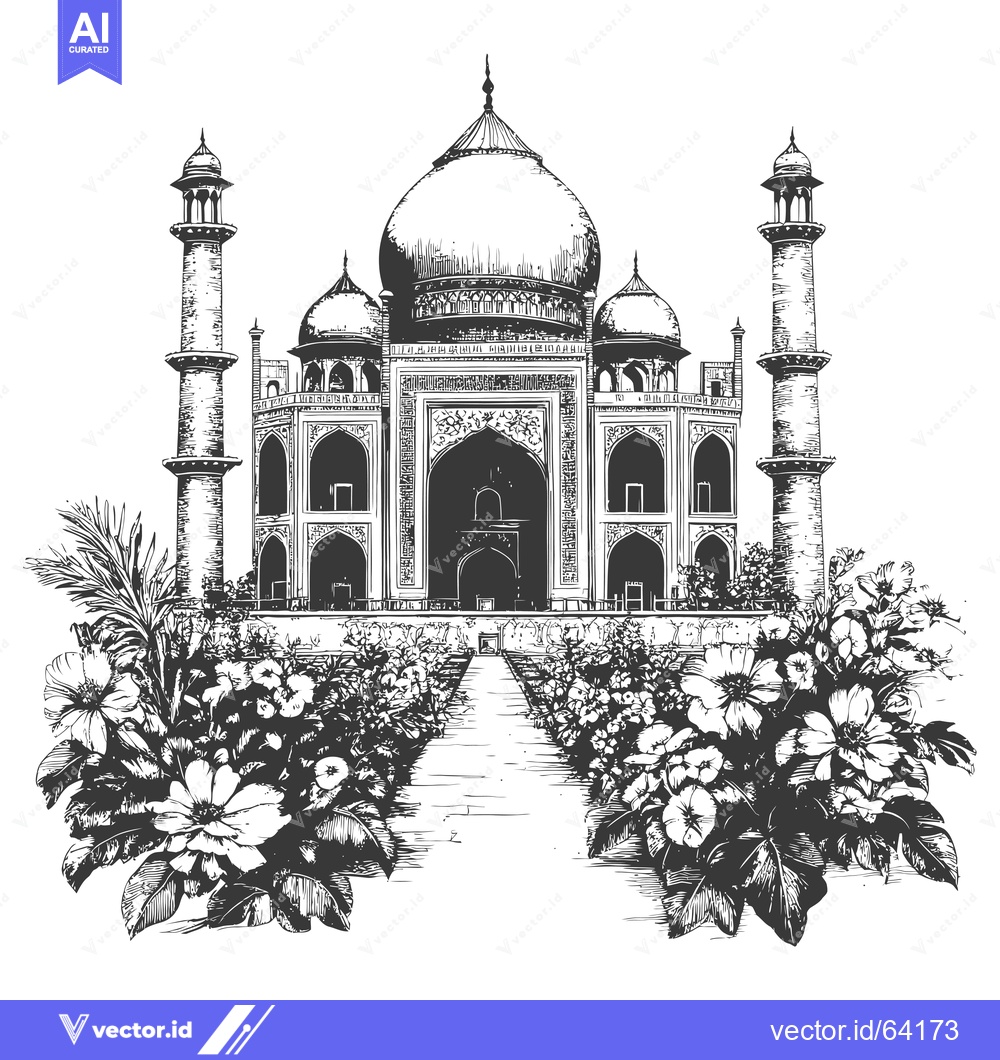 Premium Vector dari Hand-Drawn Sketch of the Taj Mahal with Floral Accents