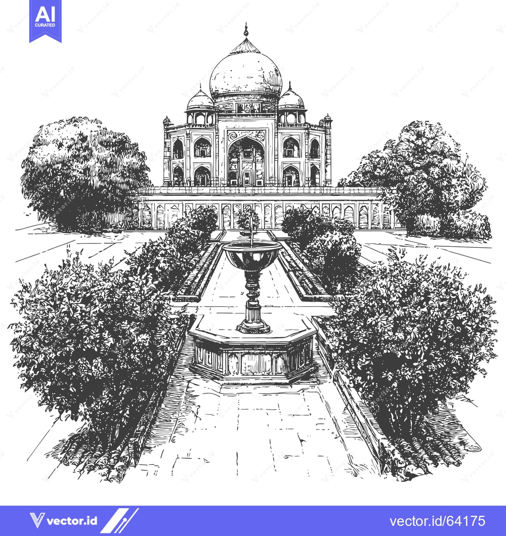 Premium Vector of Hand-Drawn Sketch of the Taj Mahal with a Fountain and Trees