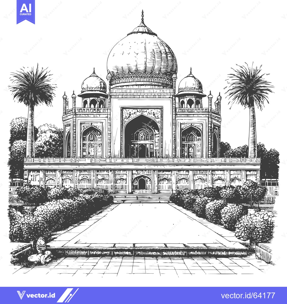 Premium Vector dari Hand-drawn illustration of a grand, domed mausoleum with palm trees an
