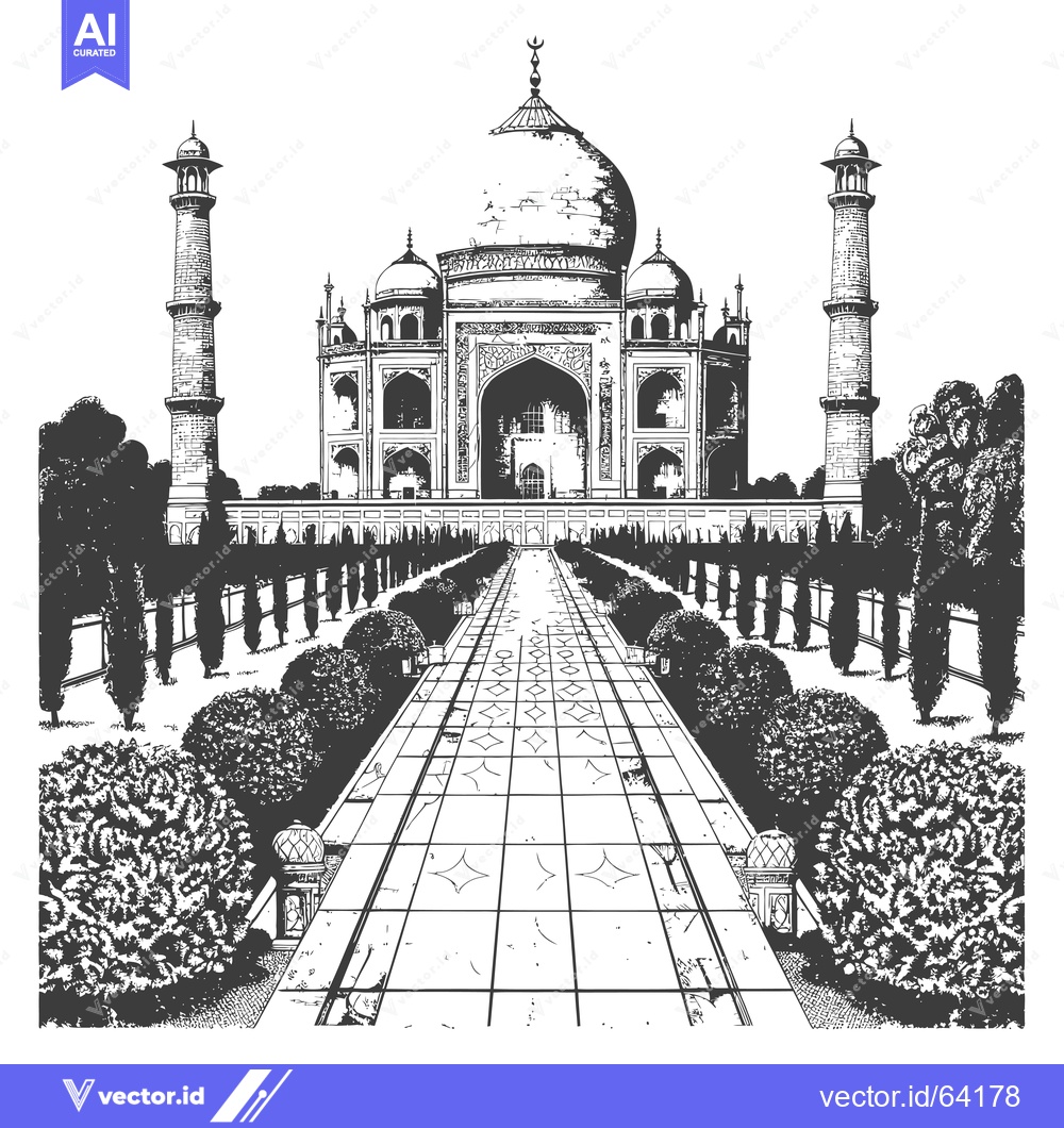 Premium Vector dari A Black and White Sketch of the Taj Mahal with a Pathway Leading to th
