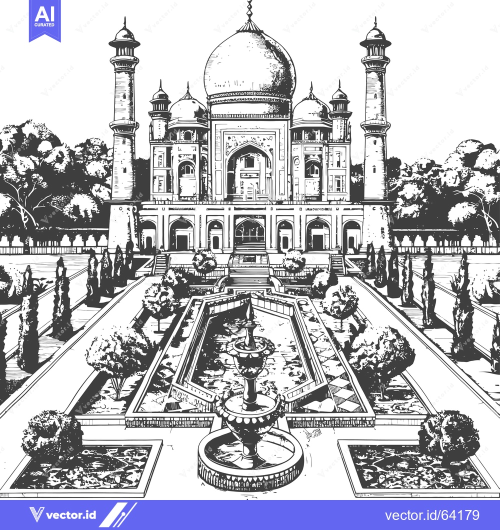 Premium Vector dari Hand-drawn Illustration of a Majestic Mosque with a Fountain in the Co