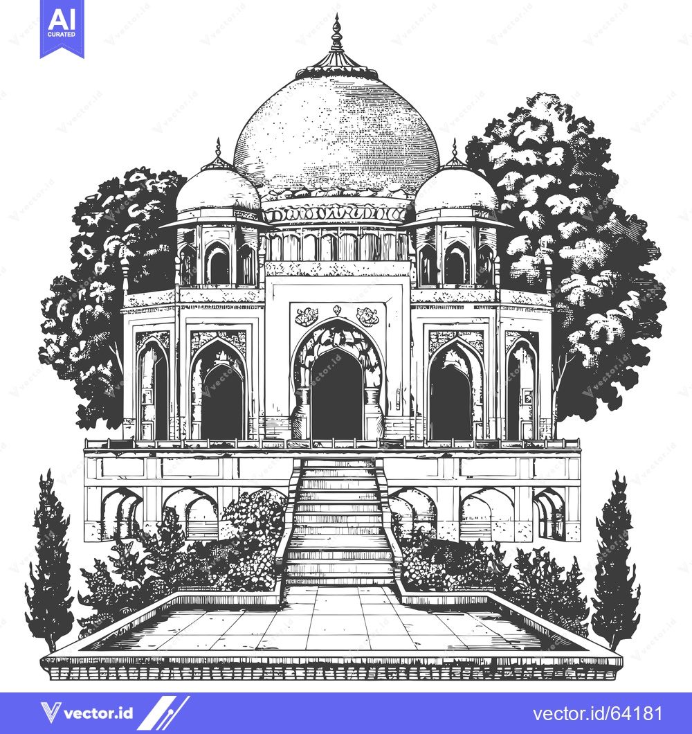 Premium Vector dari Hand-drawn illustration of a grand Islamic building with a dome and mi