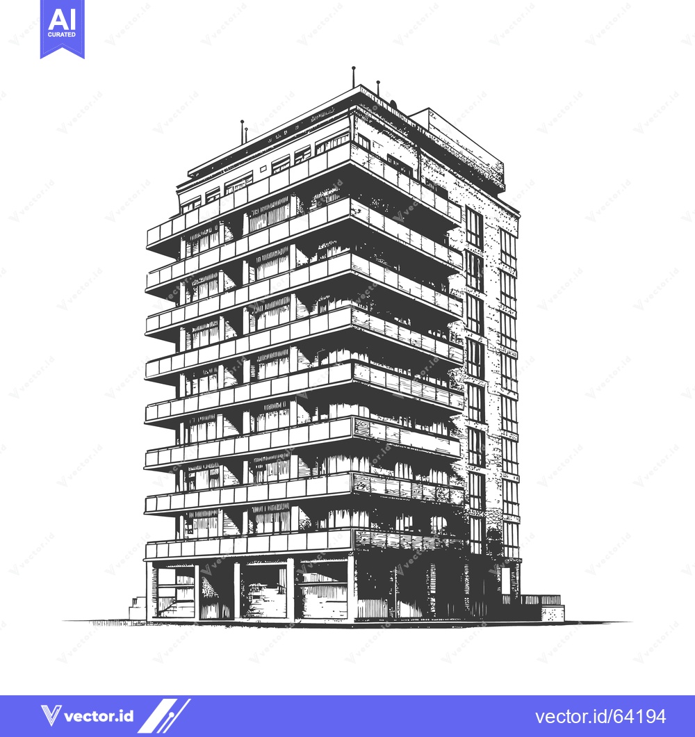 Premium Vector of Modern apartment building with balconies depicted in monochrome archit
