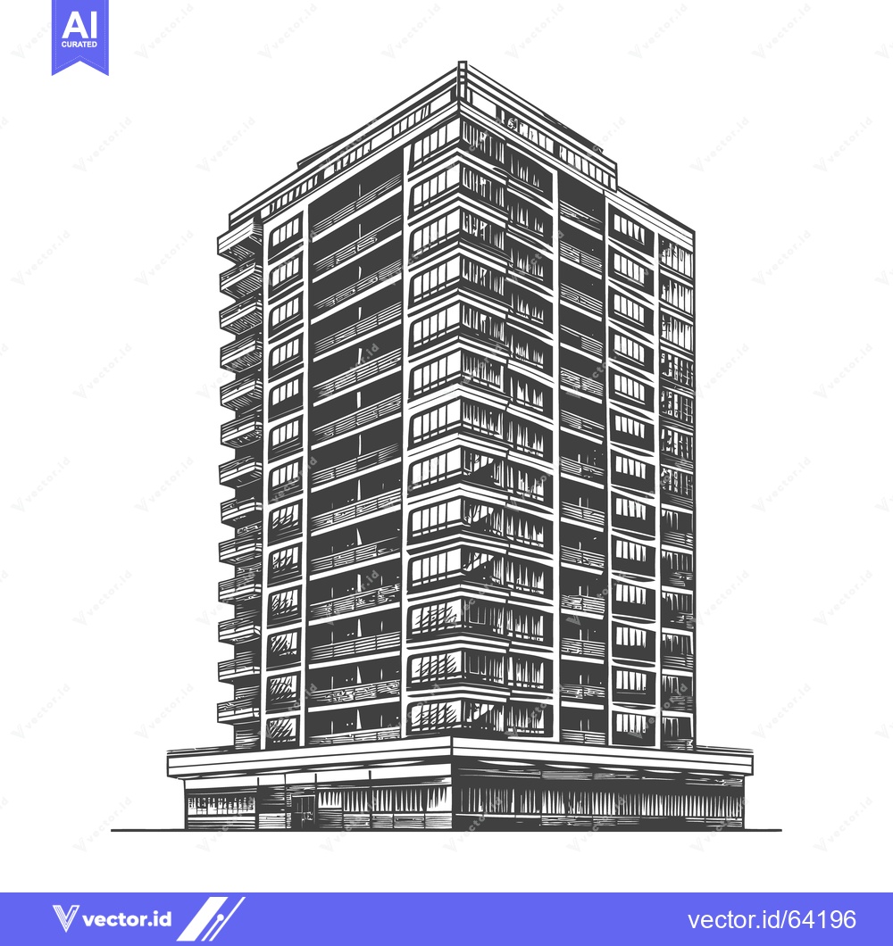 Premium Vector of A monochrome illustration of a tall urban apartment building