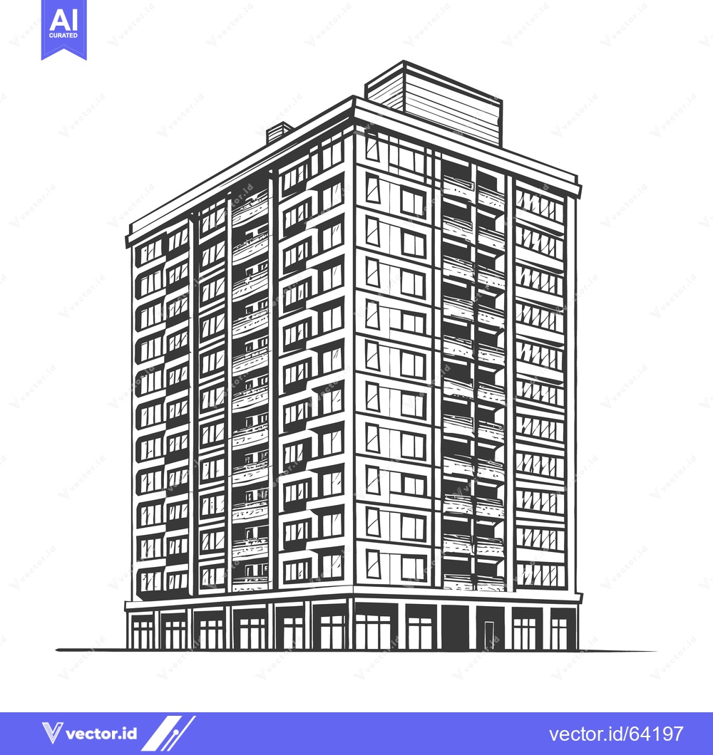 Premium Vector of Detailed monochrome illustration of a tall modern apartment building