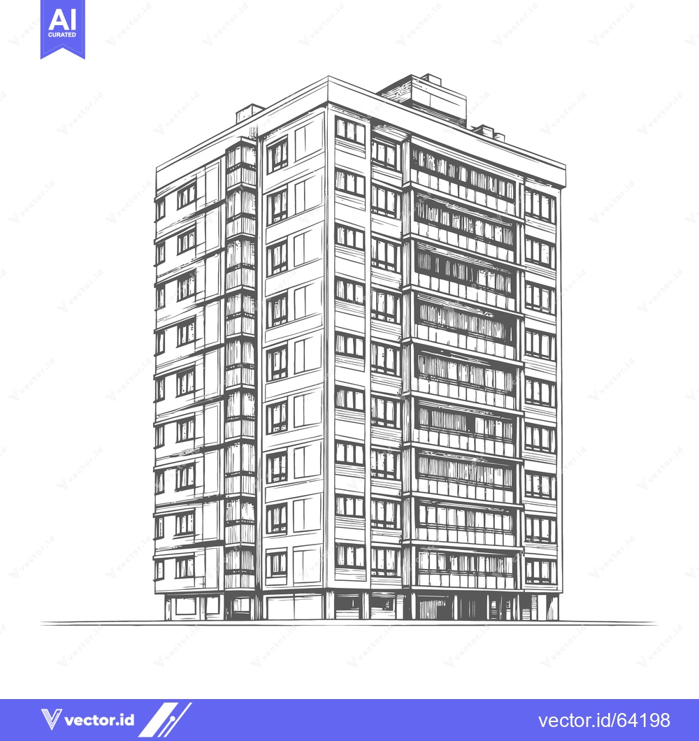 Premium Vector dari A Tall Apartment Building Depicted With Architectural Pen and Ink