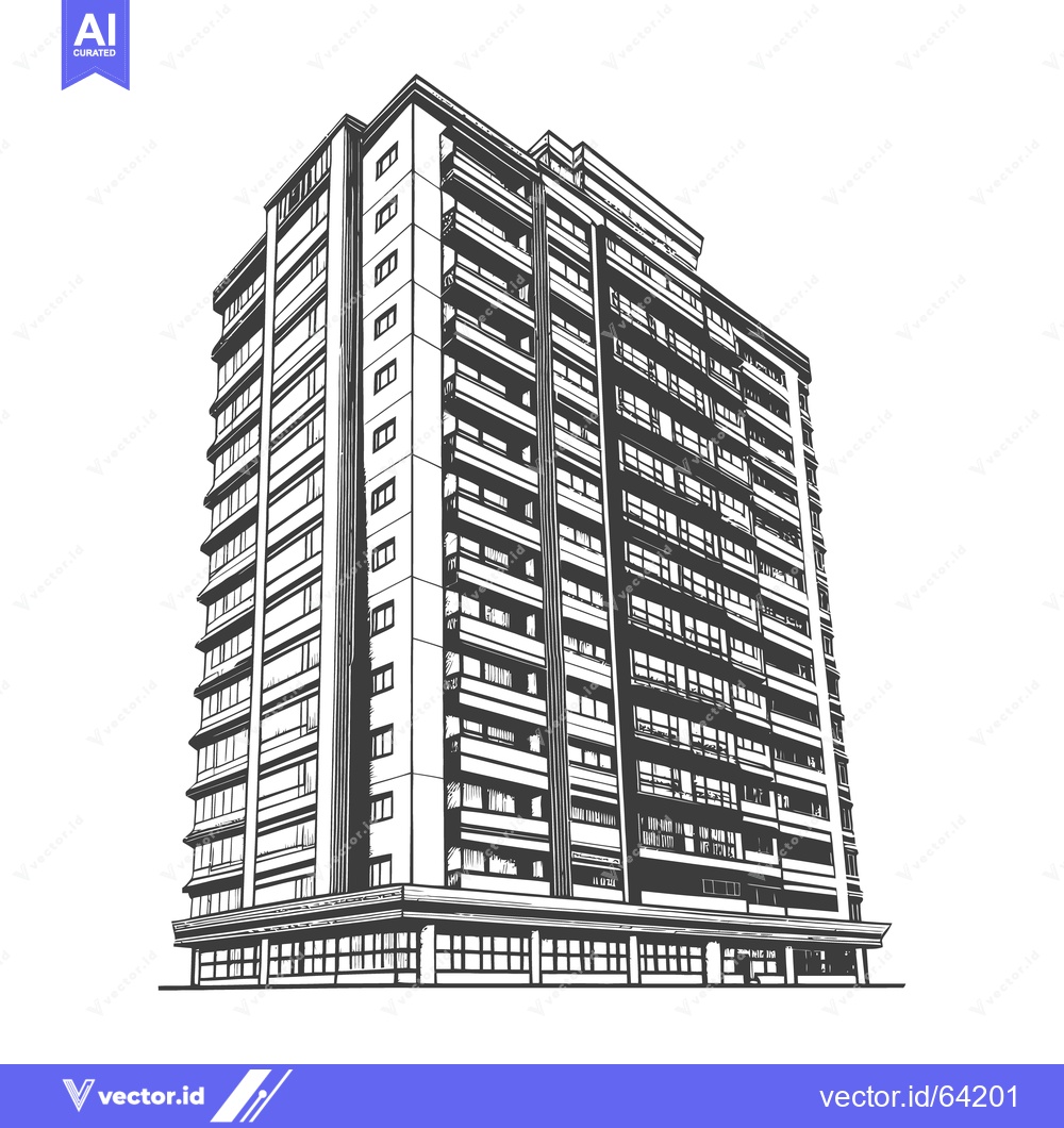 Premium Vector of A tall residential building shown in black and white perspective