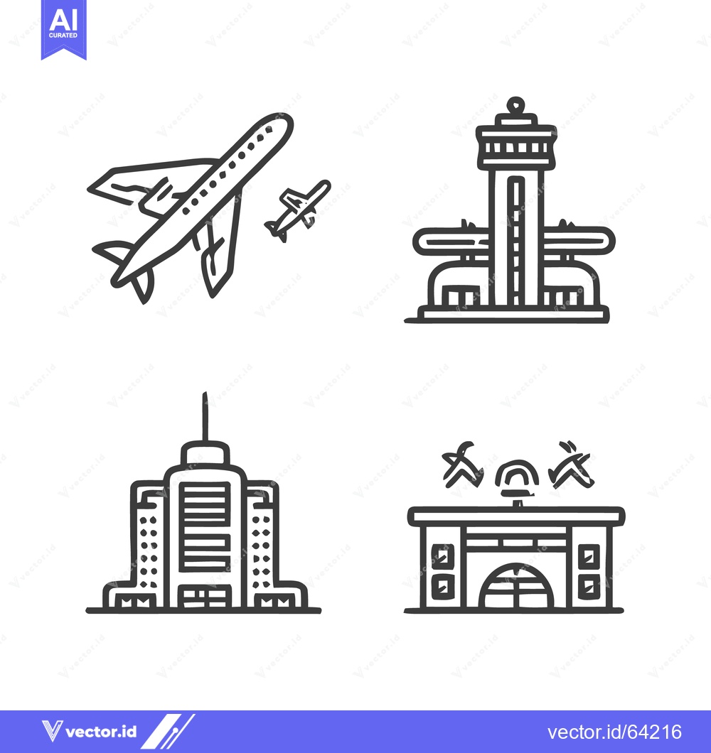 Premium Vector of Airport Icons Set: Airplane, Control Tower, Terminal, Building - Line