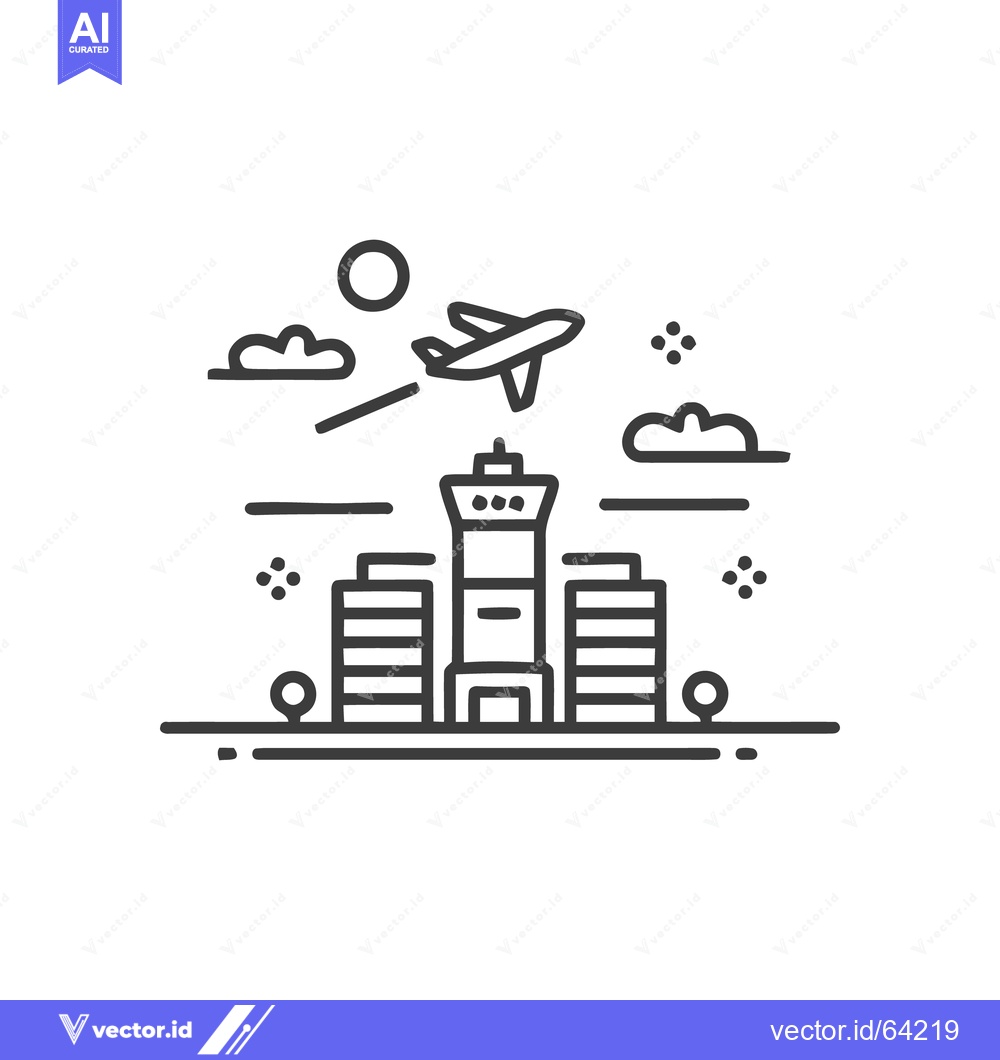 Premium Vector dari Airport Icon: Airplane Taking Off from City with Control Tower and Bui