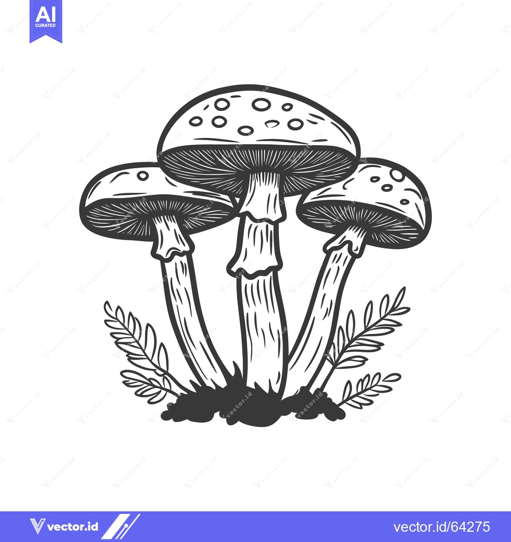 Premium Vector of Three distinct mushrooms growing with some surrounding foliage illustr