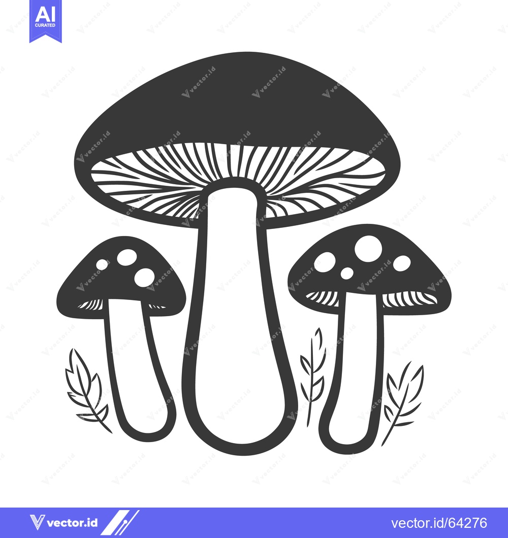 Premium Vector dari Three mushrooms with leaves depicted in a simple black and white style