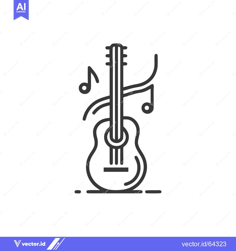 Premium Vector dari Acoustic Guitar Icon with Music Notes, Minimalist Line Art Design