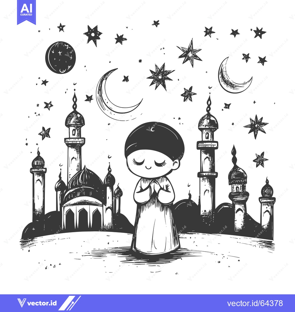 Premium Vector dari Muslim Man Praying in Front of a Mosque Under a Starry Night Sky