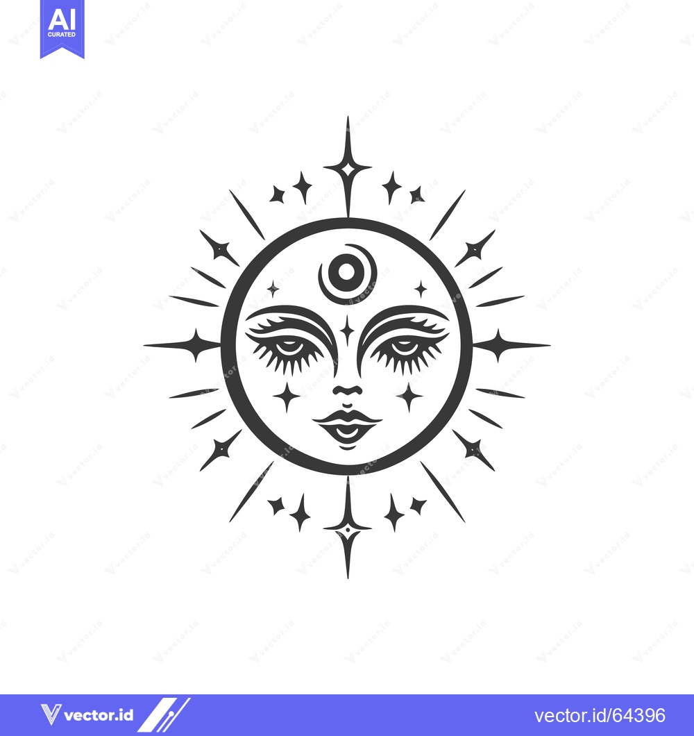 Premium Vector of A stylized illustrated sun face radiates with star shaped light rays
