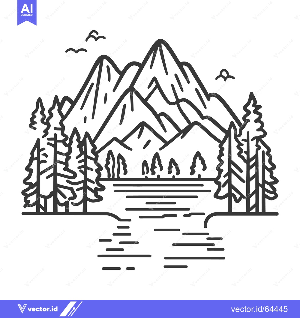 Premium Vector dari A Monochrome Illustration Of Mountains Trees Lake And Birds