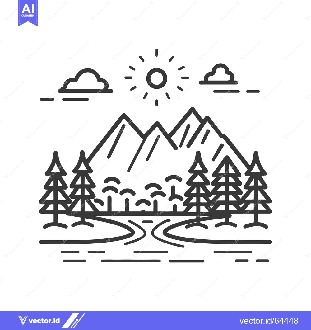 Premium Vector dari A black and white line art landscape scene illustration