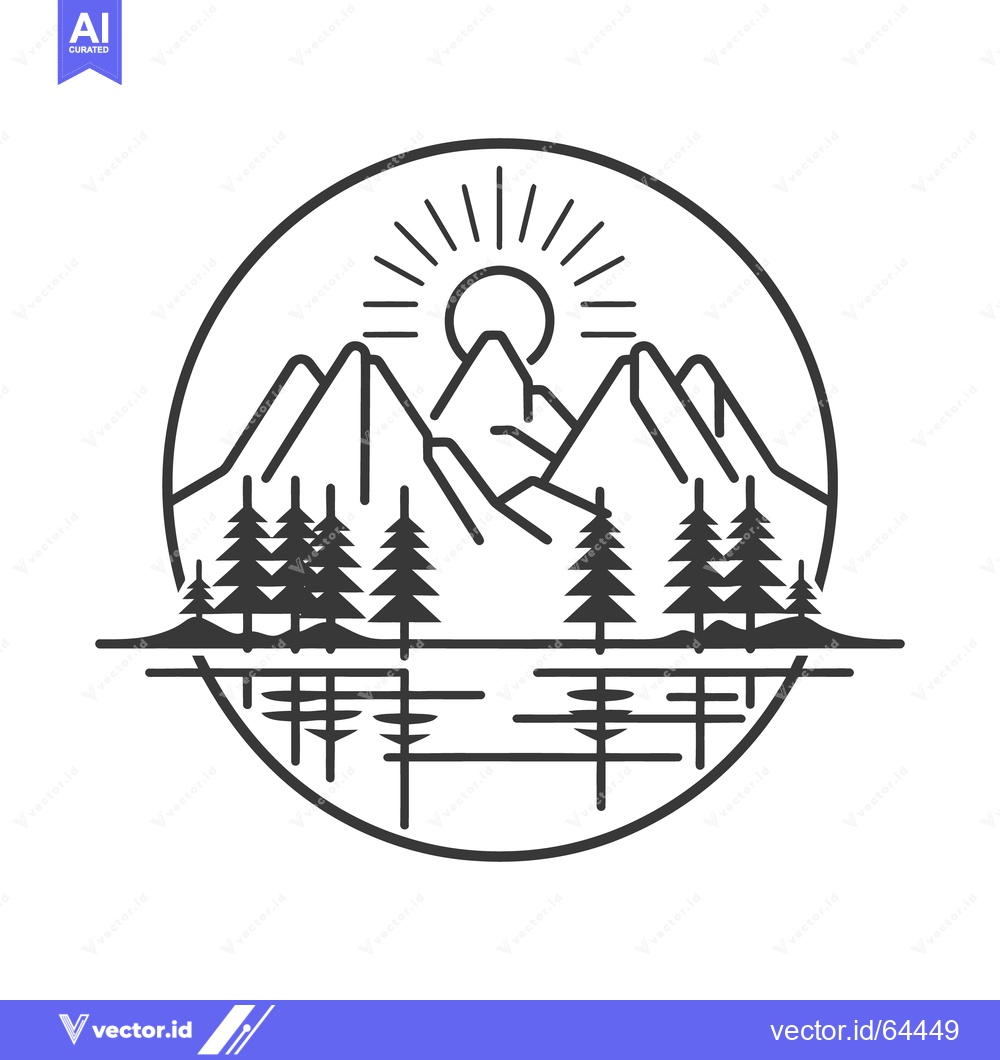 Premium Vector of Simple circular illustration of mountain range with trees and sun