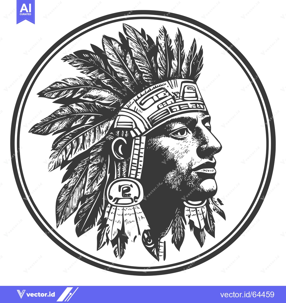 Premium Vector of Native American Chief in Headdress, Profile View, Black and White Illu
