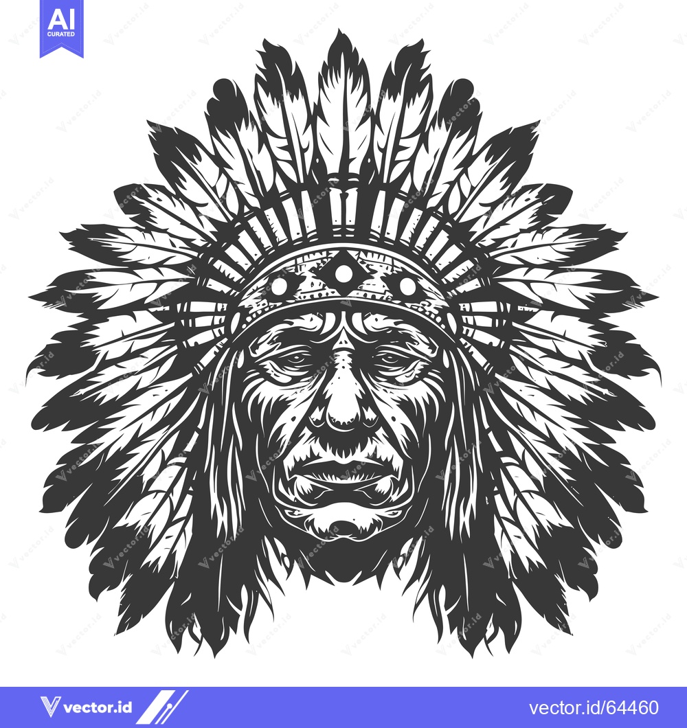 Premium Vector of Native American Chief in Headdress with Intricate Feathers