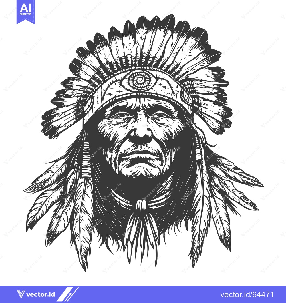 Premium Vector dari Native American Chief with Traditional Headdress and Feathers