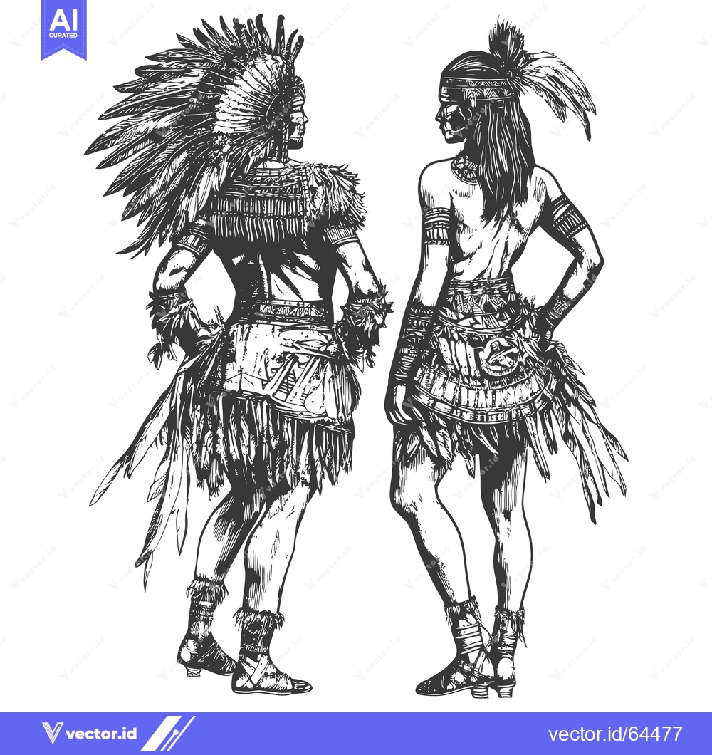 Premium Vector of Native American Couple in Traditional Clothing and Headdresses