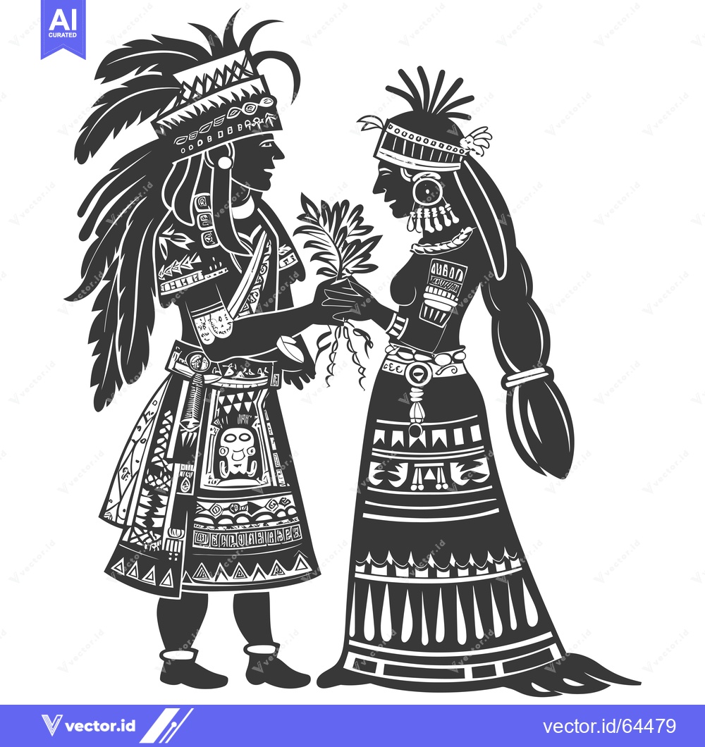 Premium Vector of Native American Couple in Traditional Dress Holding a Plant