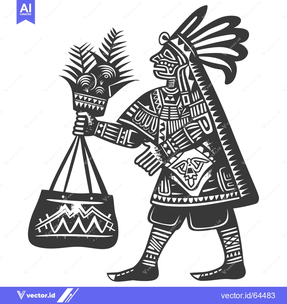 Premium Vector of Native American Figure with Feathers and Bag