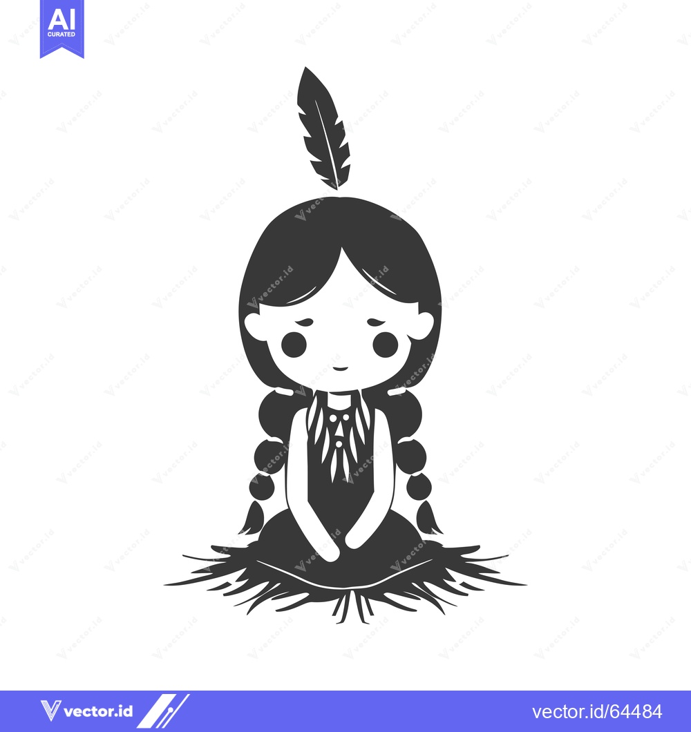 Premium Vector dari Native American Girl with Feather Headdress Sitting on Fur