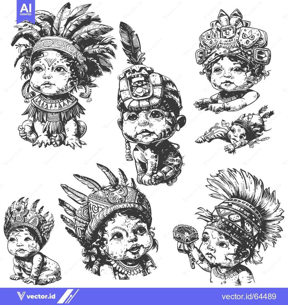 Premium Vector of Native American Indigenous Baby Infants in Traditional Headdresses