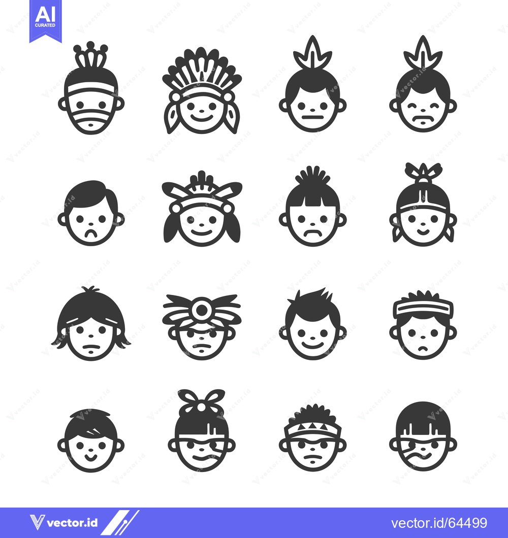Premium Vector of Native American Male Cartoon Faces With Various Hairstyles and Headwea