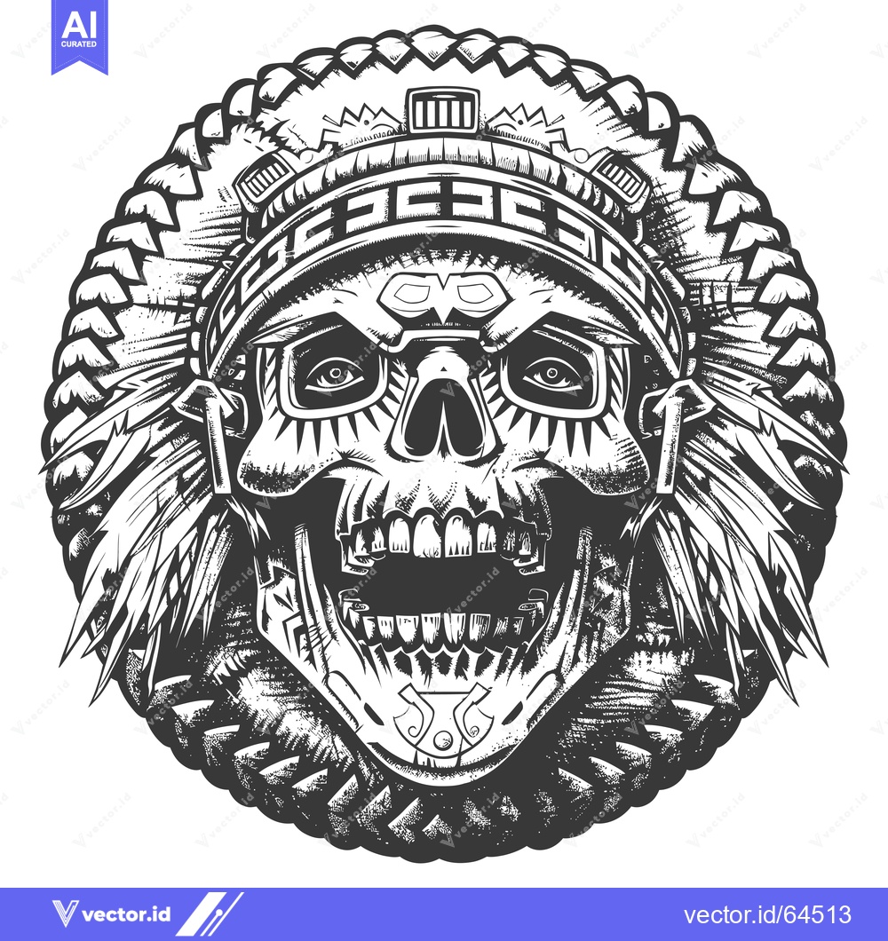 Premium Vector dari Native American Skull in Headdress with Open Mouth