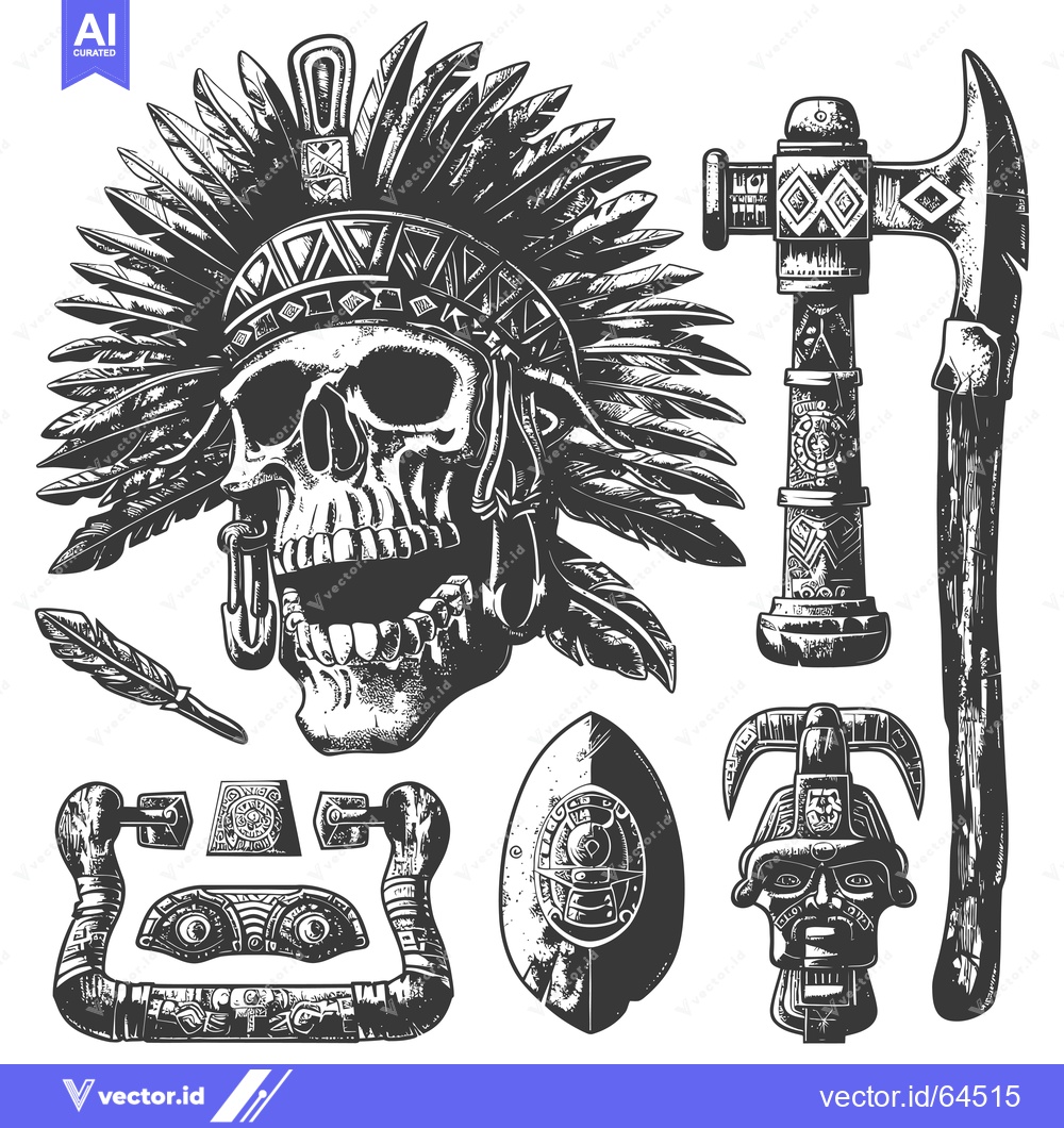 Premium Vector dari Native American Skull with Headdress and Weapons