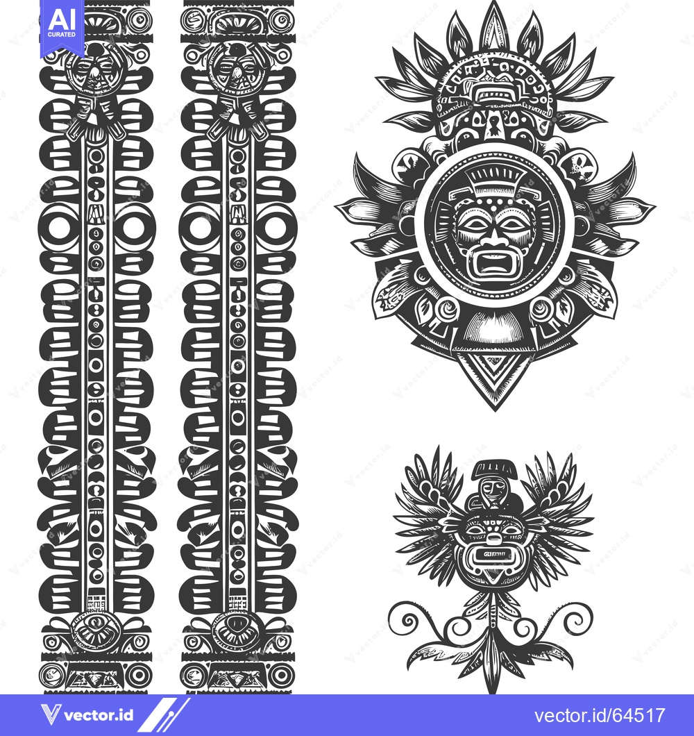 Premium Vector of Native American Totem Pole with Tribal Masks and Floral Motifs