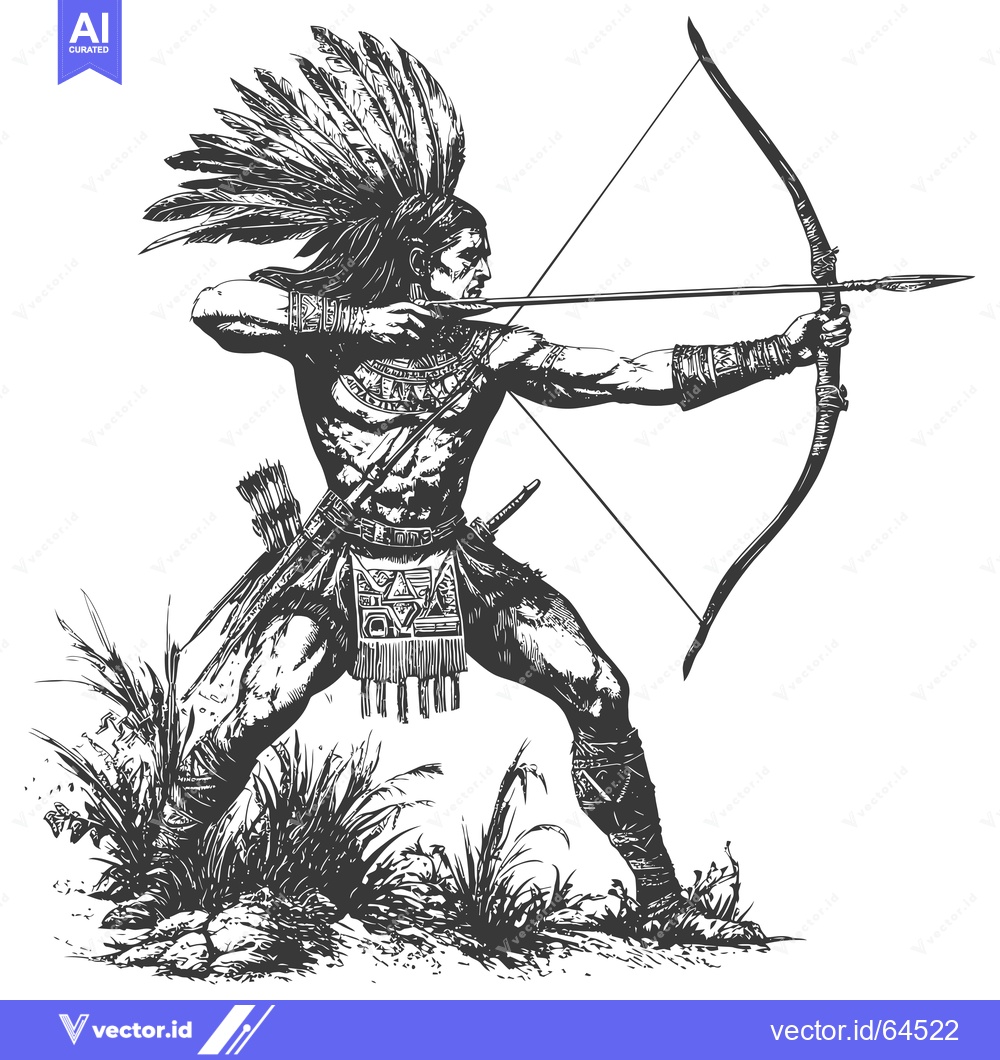 Premium Vector dari Native American Warrior Drawing with Bow and Arrow