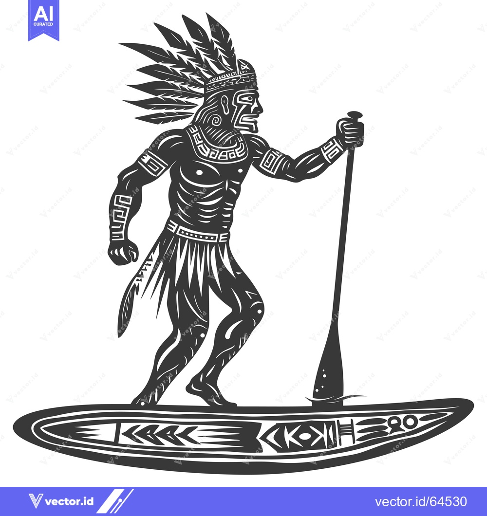 Premium Vector of Native American Warrior Paddleboarding with Traditional Attire and Pad