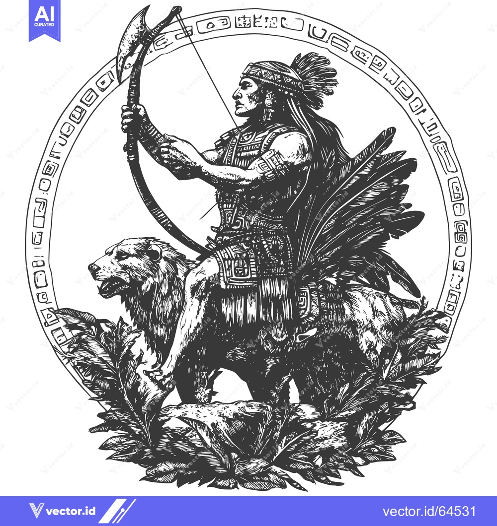 Premium Vector dari Native American Warrior Riding a Bear with an Axe and Bow