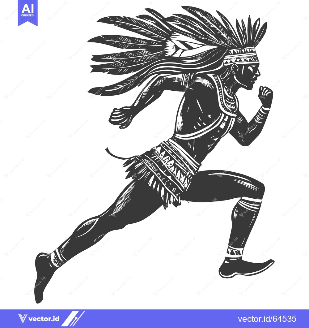 Premium Vector dari Native American Warrior Running with Feathers and Traditional Clothing