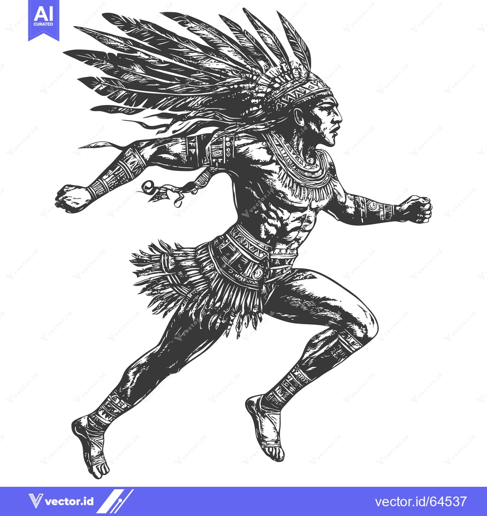 Premium Vector of Native American Warrior Running with Feathers Headdress