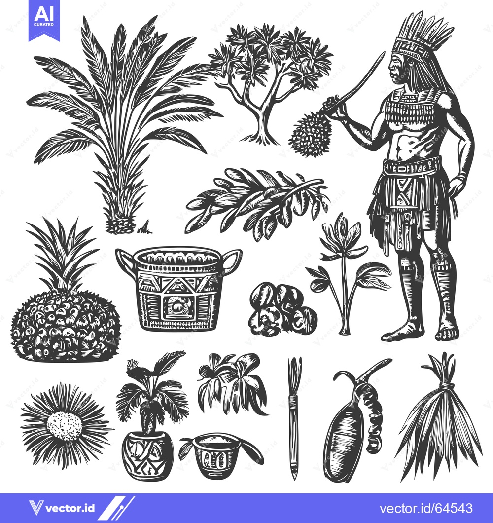 Premium Vector dari Native American with Tropical Plants and Fruits in Black and White