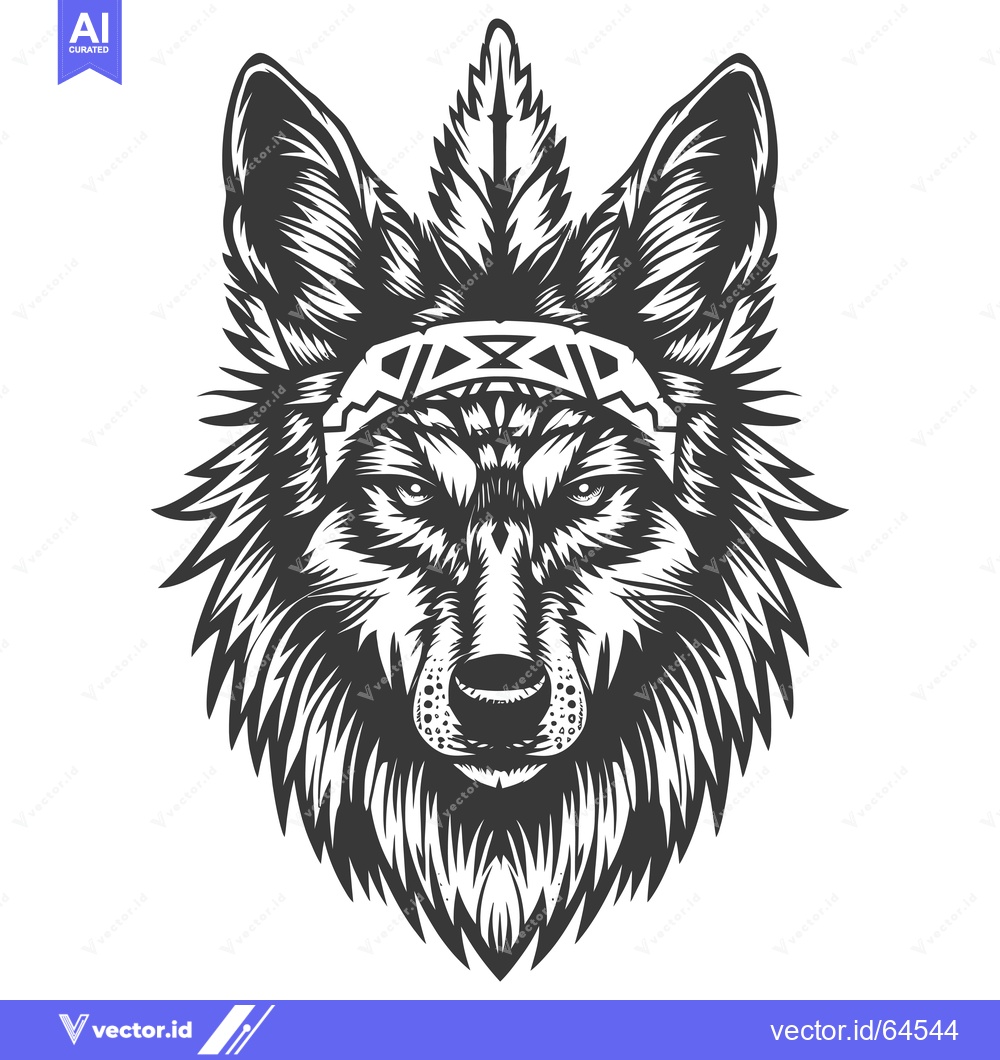 Premium Vector dari Native American Wolf Head with Feathers and Tribal Headband