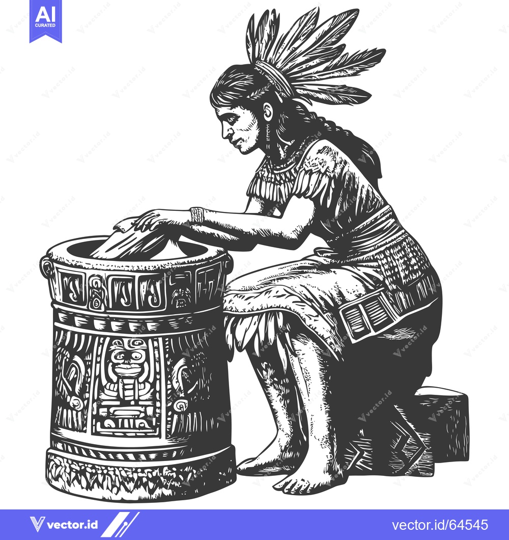 Premium Vector of Native American Woman Grinding Corn in Mortar