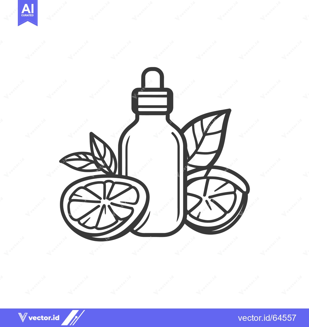 Premium Vector dari Essential oil bottle with lemon slices and green leaves vector