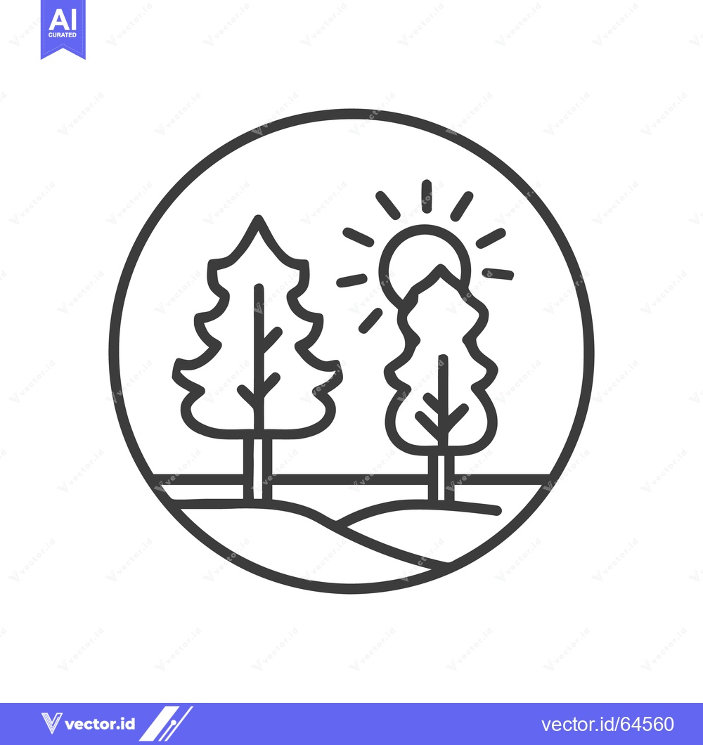Premium Vector dari Minimalist Landscape Icon: Trees, Hills, and Sun in Circle Frame