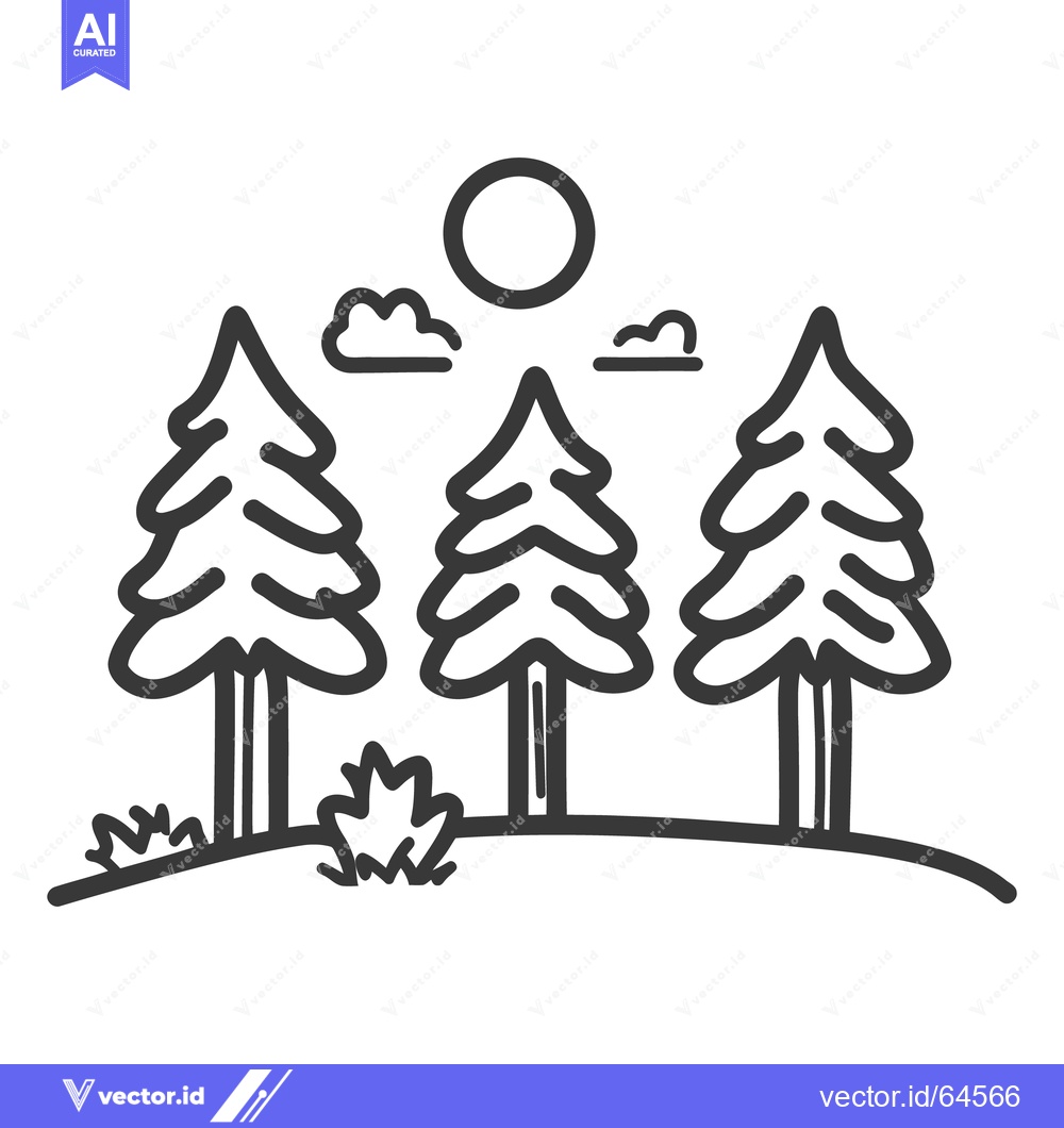 Premium Vector dari Three stylized evergreen trees stand on a small grassy hill under the