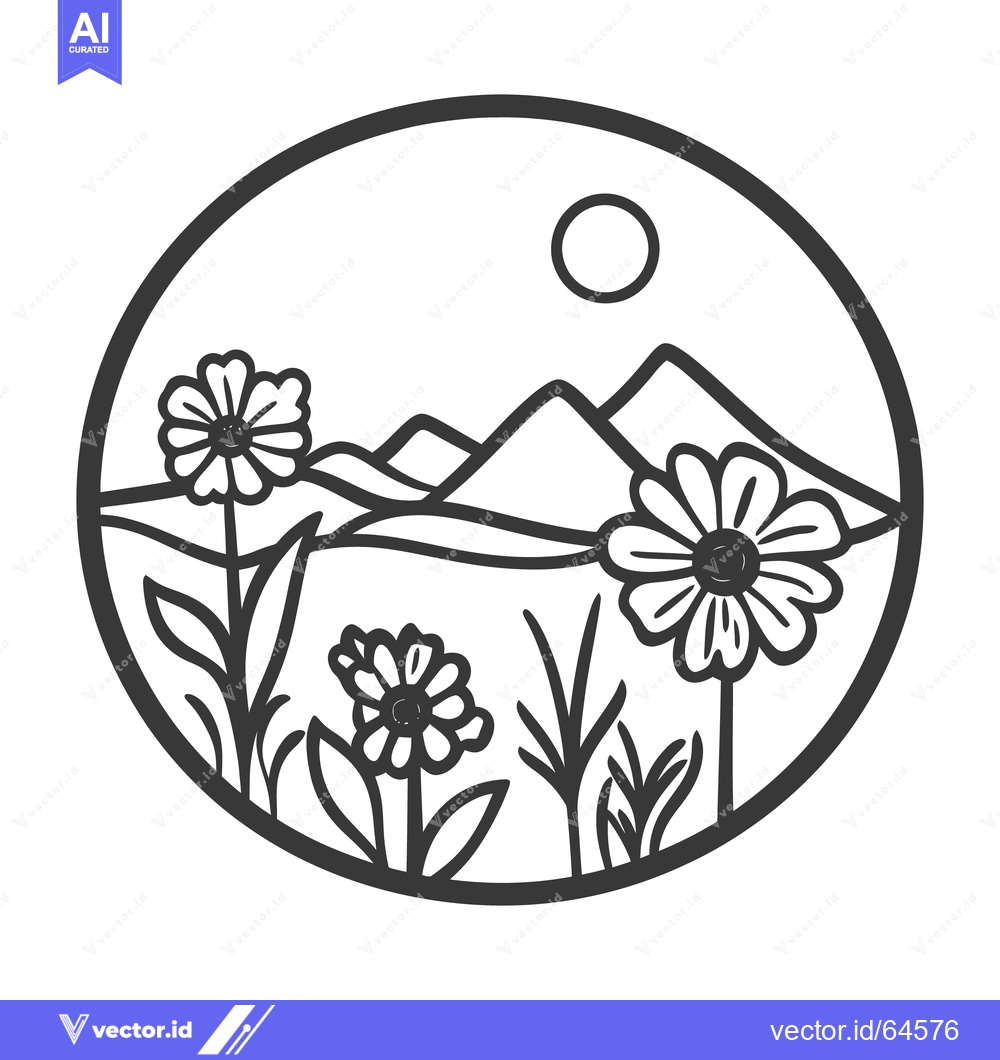 Premium Vector of A black and white illustration of mountains flowers and sun