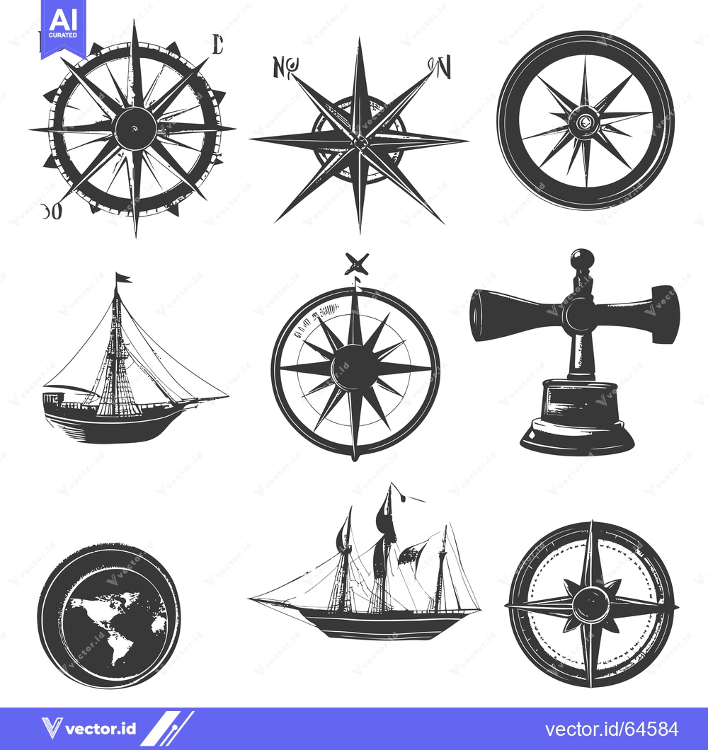 Premium Vector dari Nautical Compass and Sailing Ship Illustrations