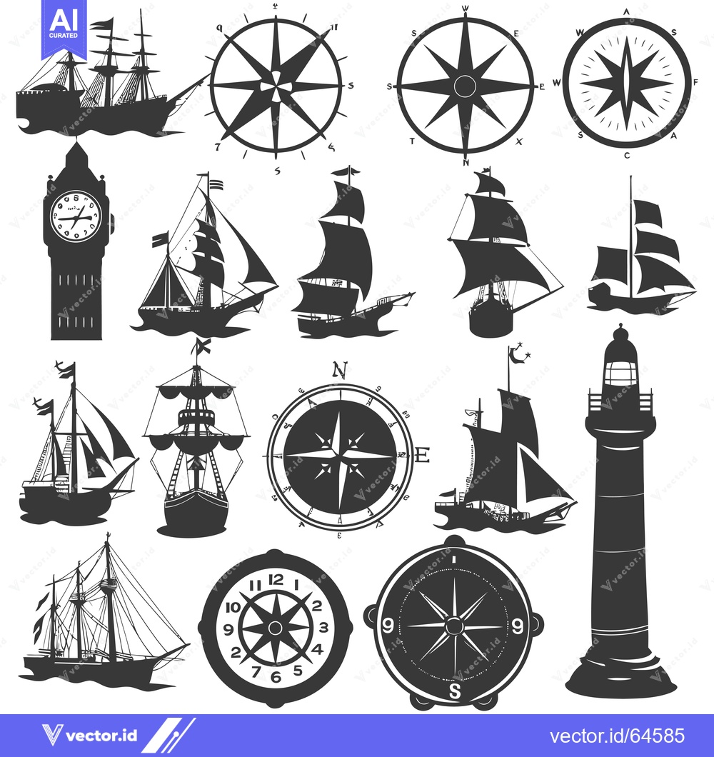 Premium Vector dari Nautical Silhouette Set of Ships, Compasses, and a Lighthouse